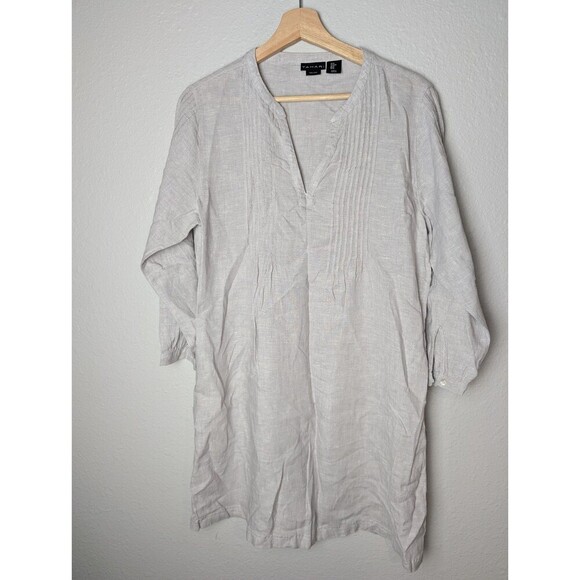 Tahari Gray Taupe 100% Linen 3/4 Sleeve Pleated Popover Shirt Dress Sz M 191 - Picture 1 of 6